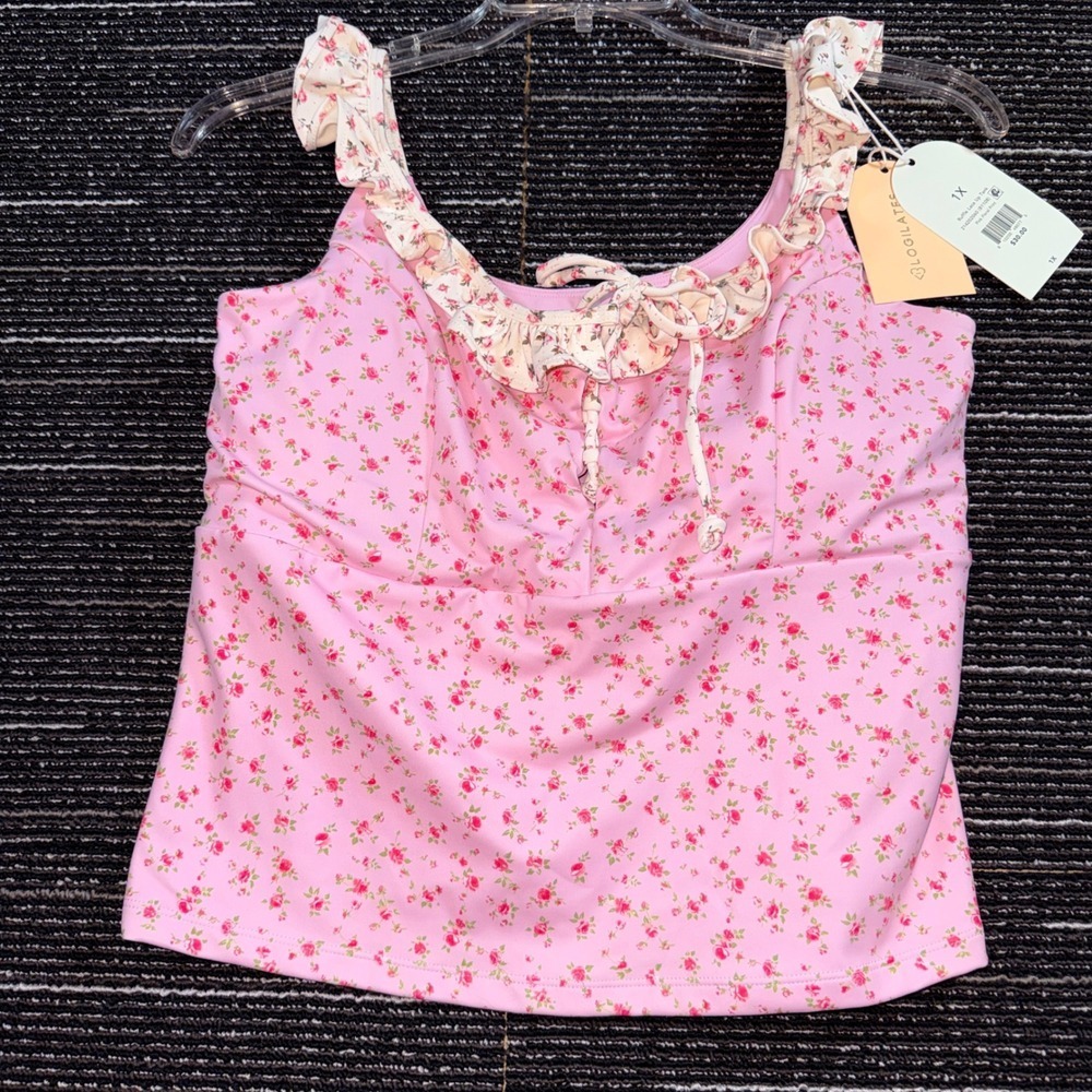 Blogilates Ruffle Lace Up Tank Womens 1X Pink Floral NEW Activewear Top